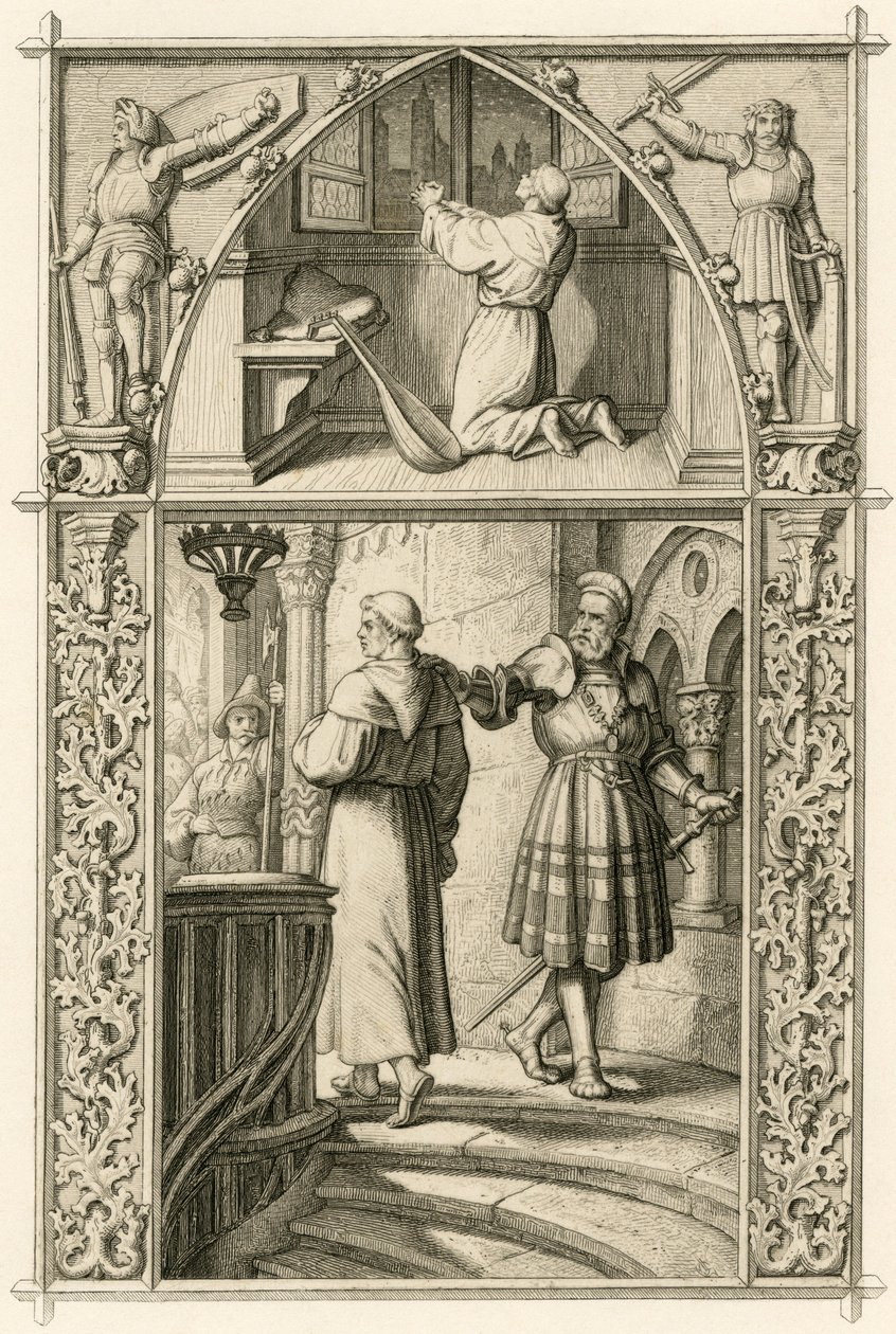Martín Lutero se prepara con una oración para el encuentro con el emperador (imagen superior) ; imagen principal : Lutero se encuentra con el caballero Jorge (Georg) von Frundsberg (Jorg von Fronsberg, Freundsbergin de Gustav Ferdinand Leopold Konig
