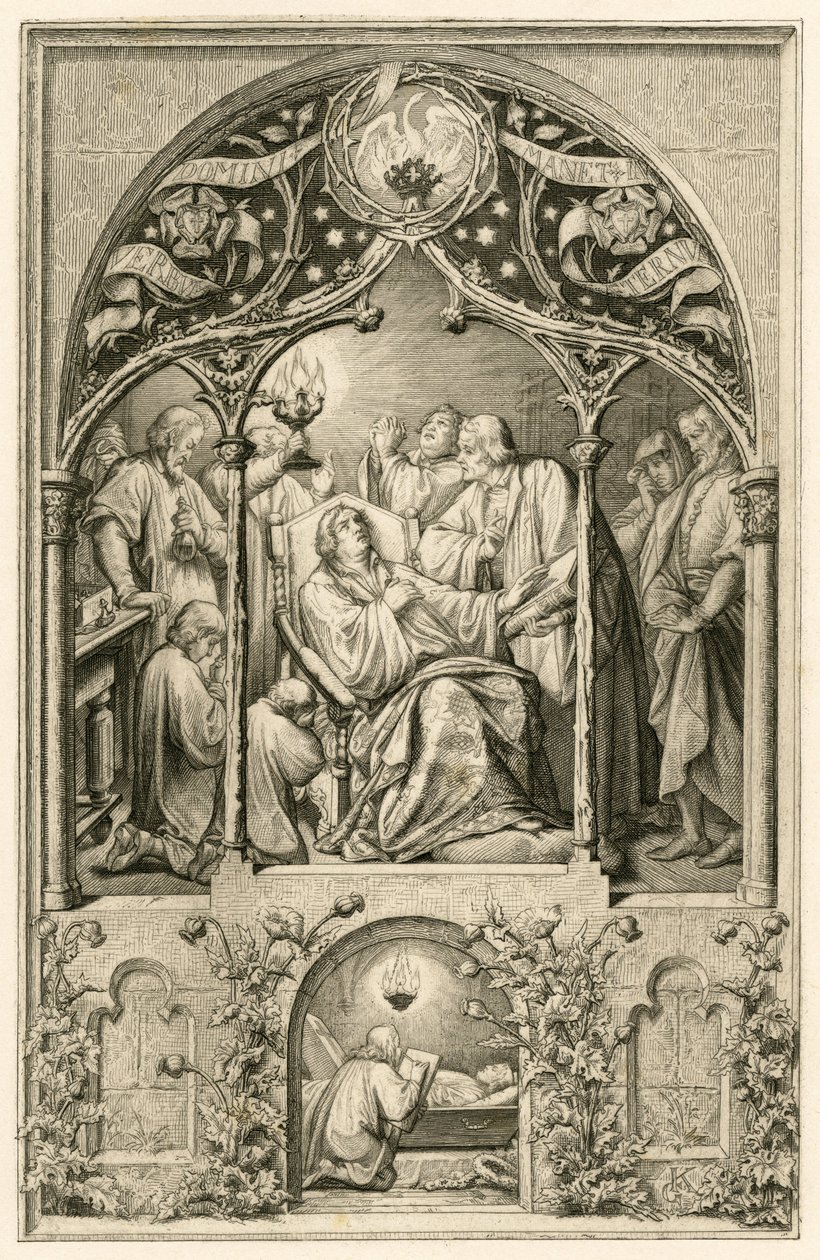 La muerte de Martín Lutero, Lutero dos hijos, arrodillado delante de su padre, el Dr. Justus Jonas dice las últimas palabras, detrás de ellos Michael Coelius rezando, Johannes Aurifaber con un candelabro, el médico Simon Wild con medicina y a la derecha el de Gustav Ferdinand Leopold Konig