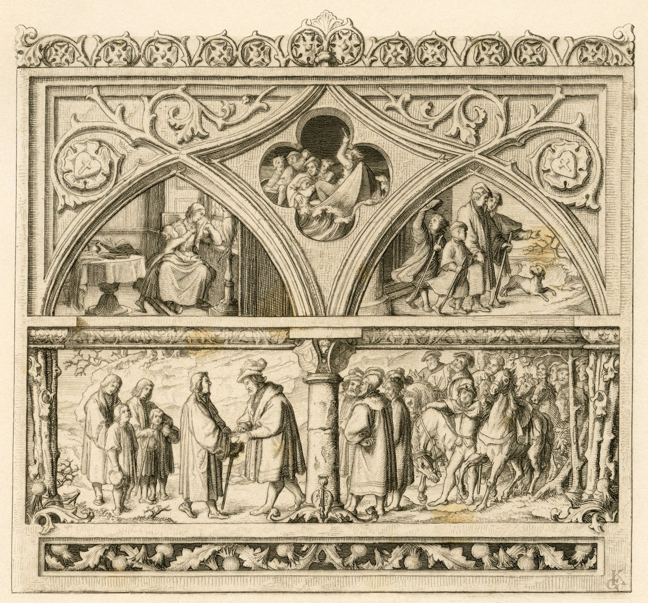 El viaje de Martín Lutero al conde Mansfeld (Hoyer VI de Mansfeld-Vorderort (1477-1540) ; imagen arriba a la izquierda : la triste Katharina , en el centro : la furia del río Saale , a la derecha : Lutero junto a sus hijos. imagen abajo : Lutero y el conde de Gustav Ferdinand Leopold Konig