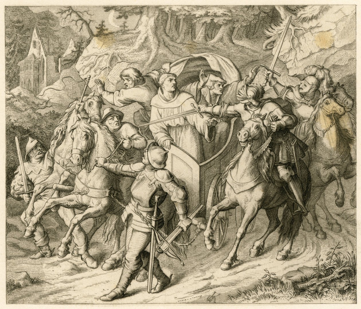 El secuestro de Martín Lutero en su viaje de regreso - 1521 - por Hauptmann von Berlepsch y Burkhard Hund, debido a la bula de excomunión del papa y la proscripción del emperador. de Gustav Ferdinand Leopold Konig