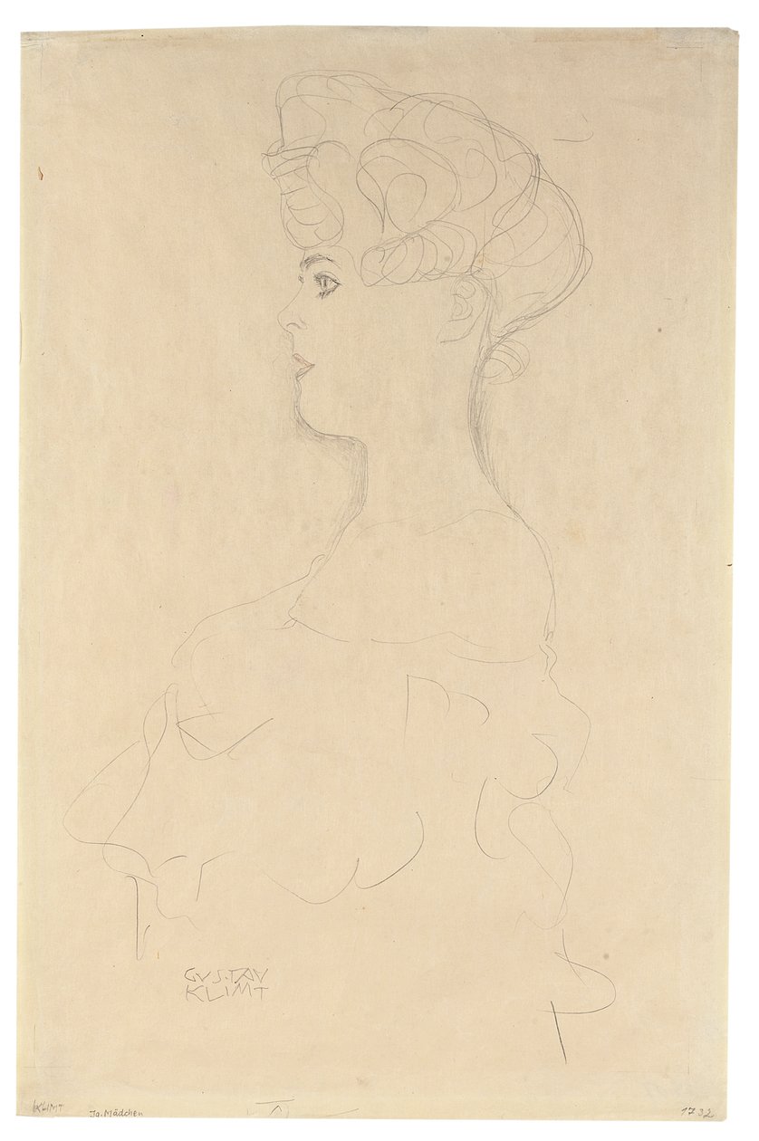 Busto Retrato de perfil desde la izquierda, c.1904-05 (lápiz con crayón blanco y rojo sobre papel símil Japón) de Gustav Klimt