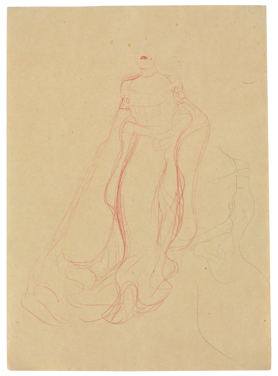 Estudio de traje con las manos juntas, repetición del lado derecho, c.1903-04 (lápiz de cera coloreado y lápiz sobre papel de ante) de Gustav Klimt