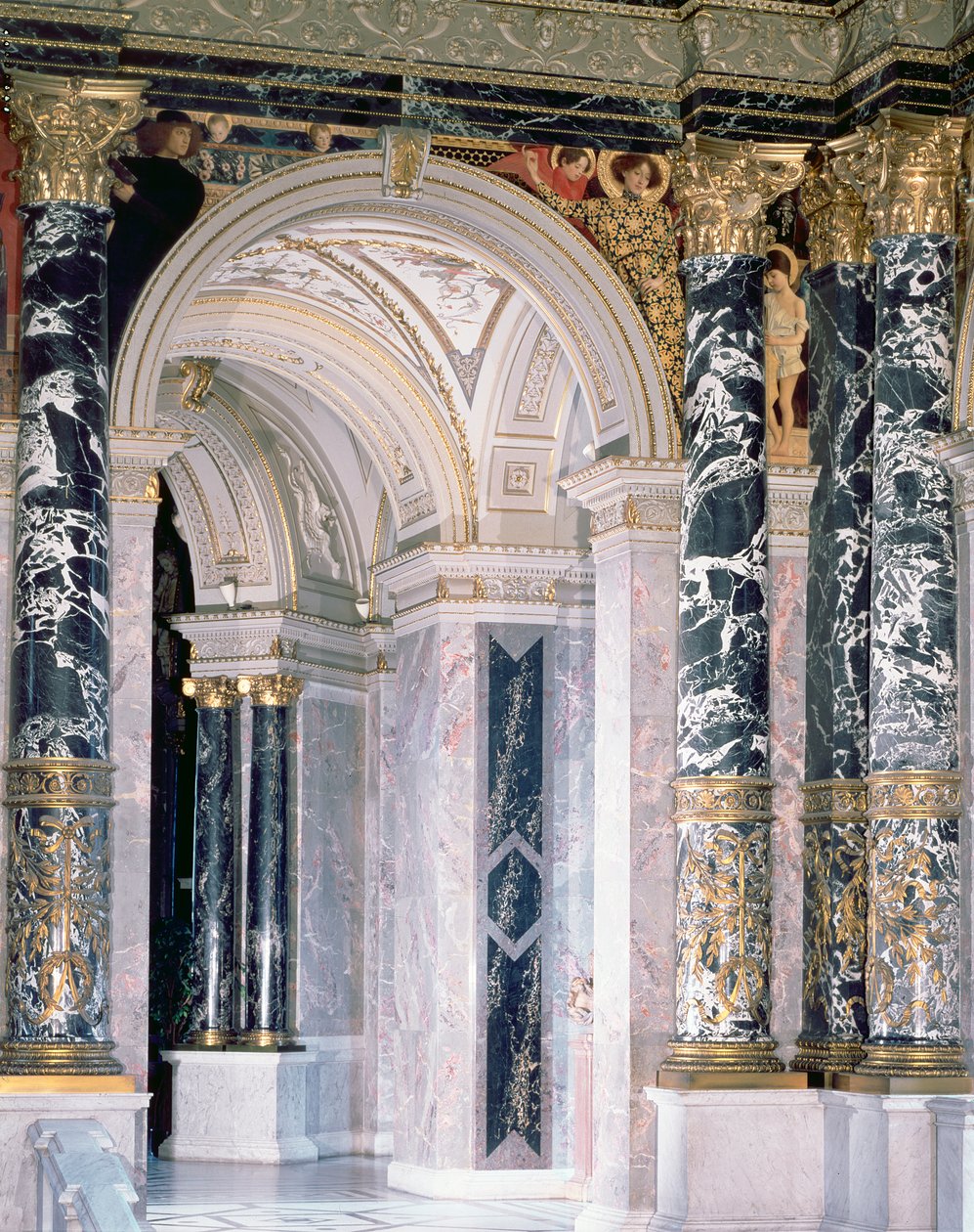 Interior del Museo de Historia del Arte en Viena, detalle que representa el arco y la decoración del tímpano de figuras que representan el Renacimiento italiano, 1890-91 de Gustav Klimt