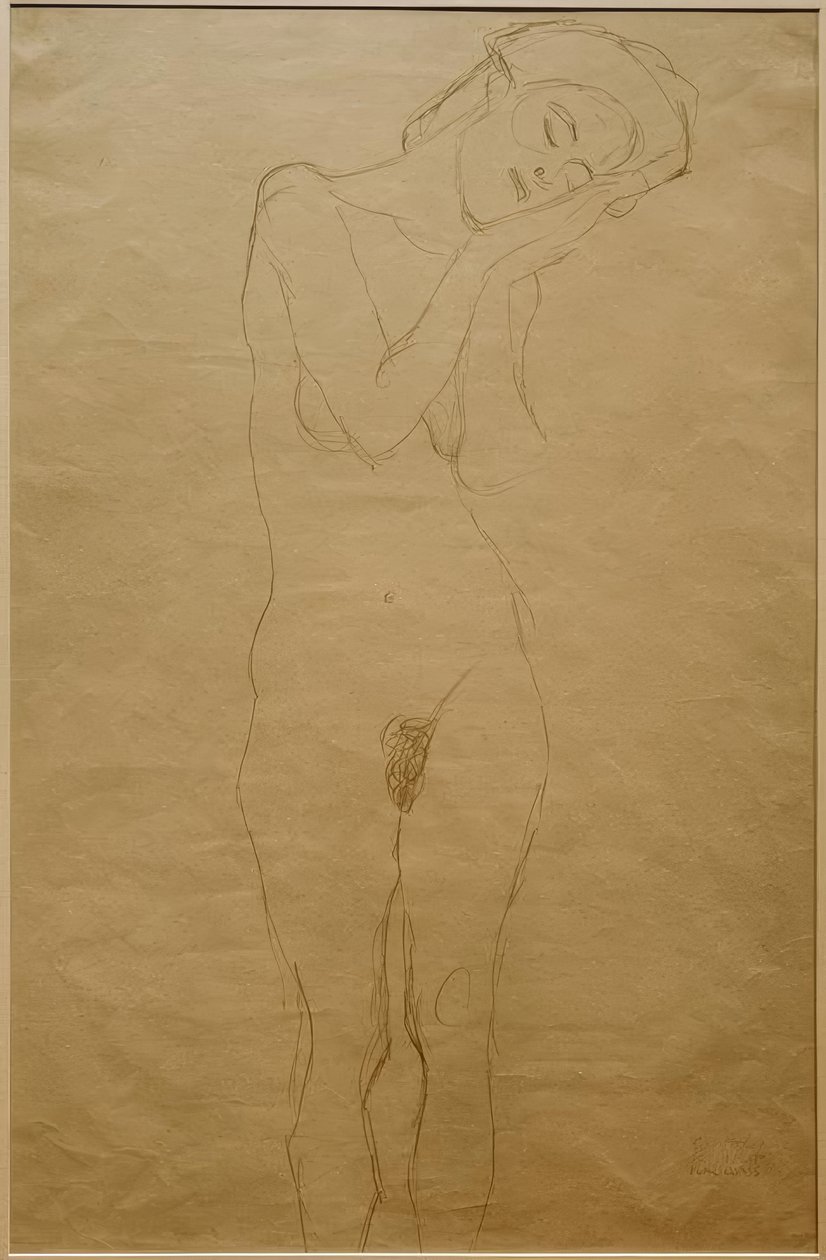 Desnudo femenino de frente, las manos en la mejilla de Gustav Klimt