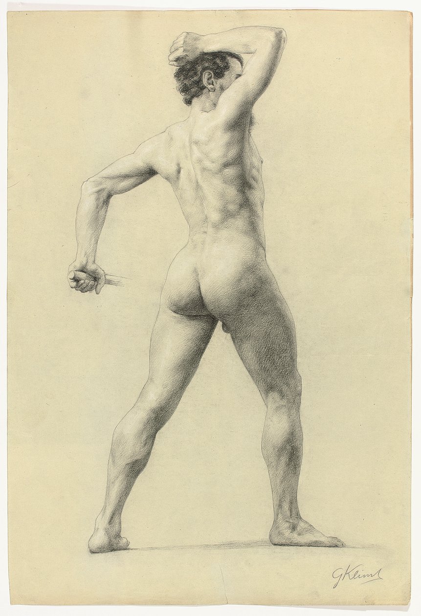 Desnudo masculino de espaldas, c.1880 (lápiz realzado con tiza blanca sobre papel) de Gustav Klimt