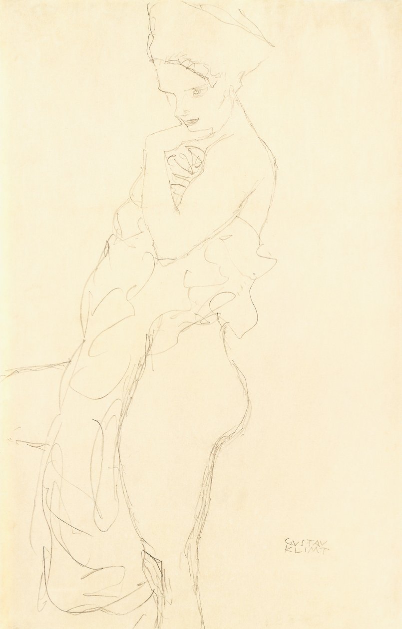 Desnudo de pie a la izquierda, sosteniendo una toalla al cuerpo, 1917 de Gustav Klimt