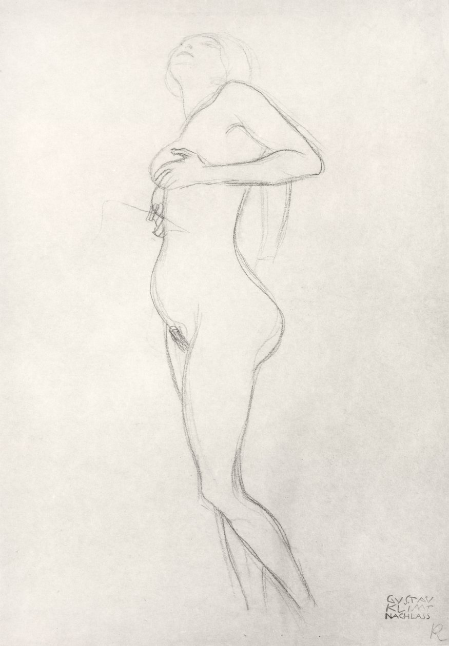 Chica desnuda de pie mirando hacia arriba de Gustav Klimt