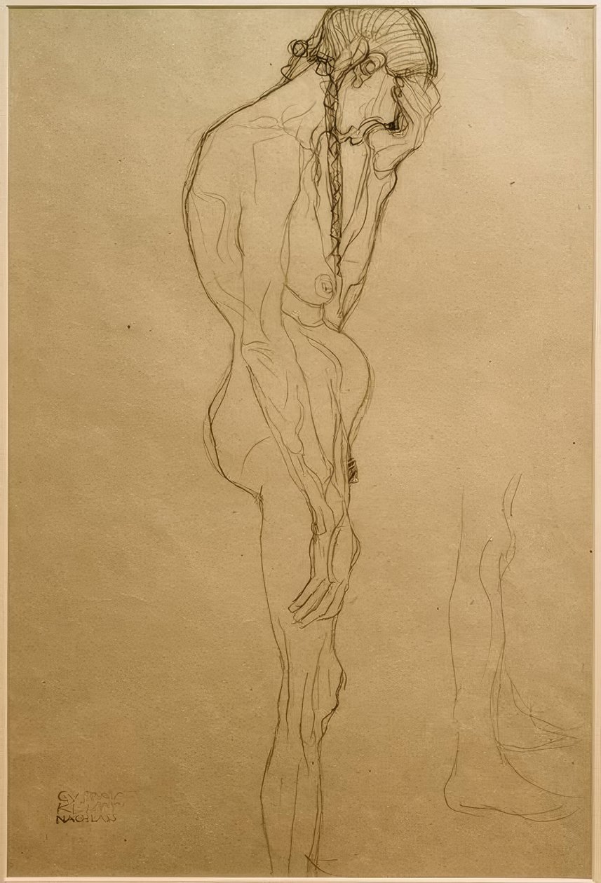Mujer mayor de pie en perfil hacia la derecha, estudio de pierna de Gustav Klimt