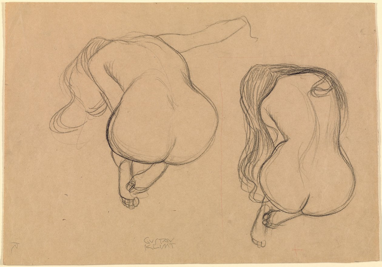 Dos estudios de un desnudo sentado con el pelo largo de Gustav Klimt