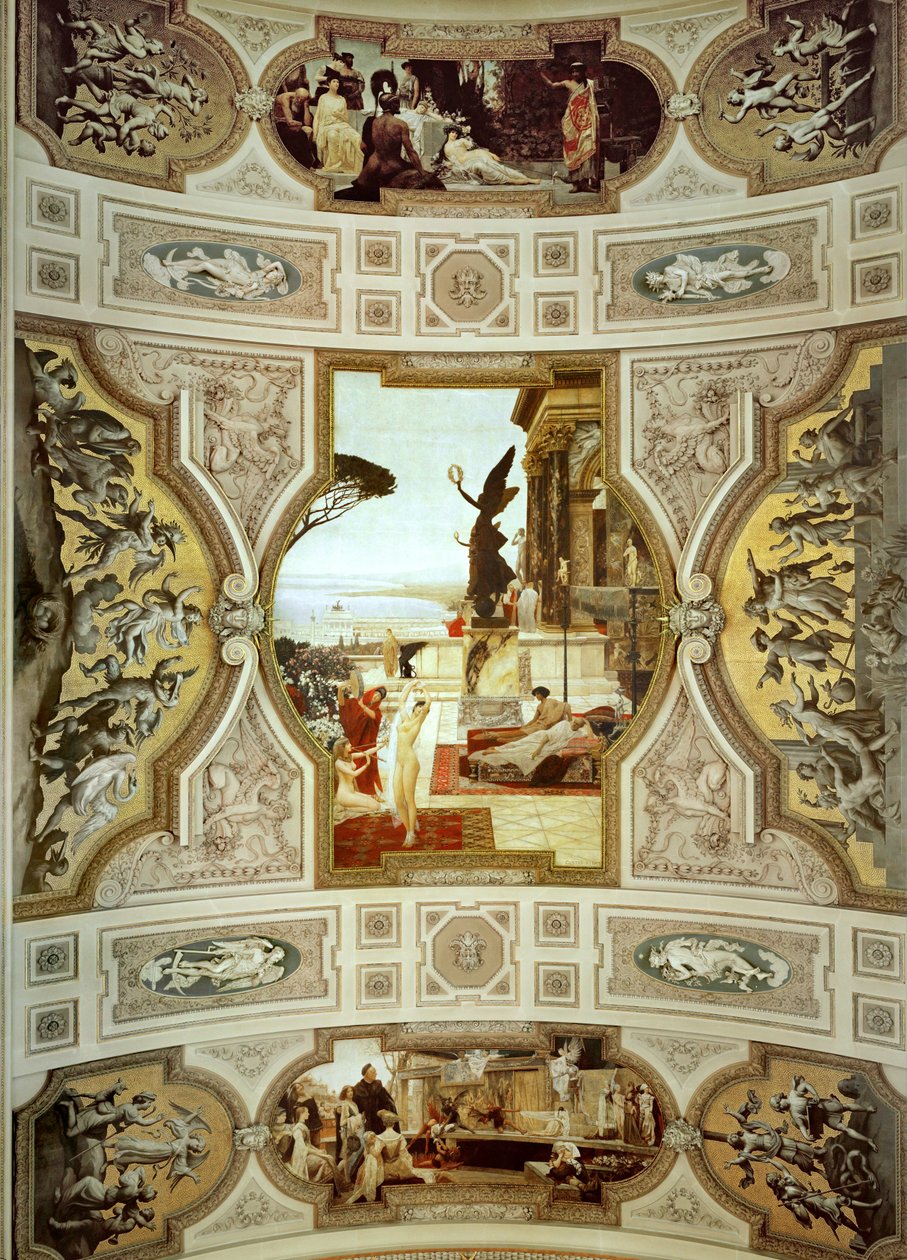 Burgtheatre (Teatro de la Corte) de Viena, escalera (izquierda): Teatro de Taormina, detalle de Gustav Klimt