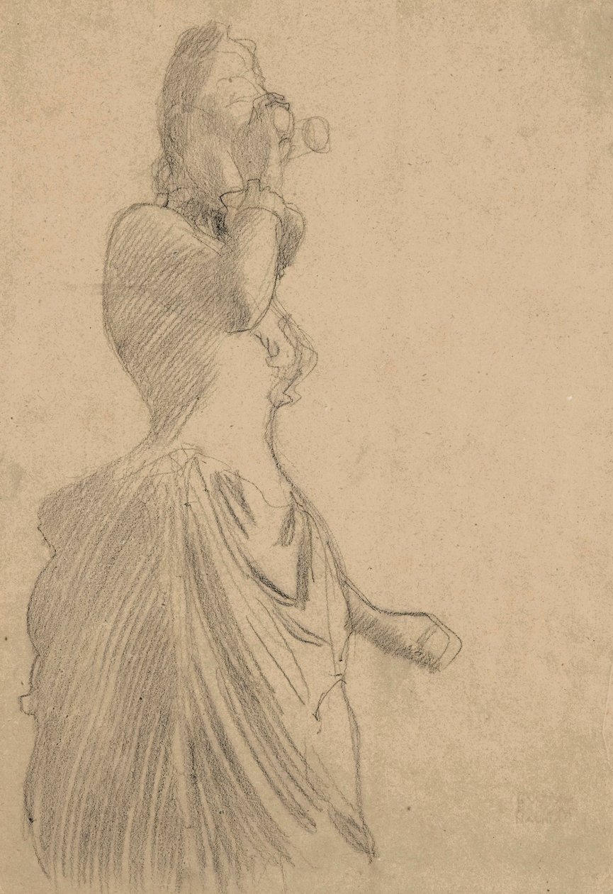 Mujer con prismáticos, c.1888 (tiza negra sobre papel verjurado tintado) de Gustav Klimt