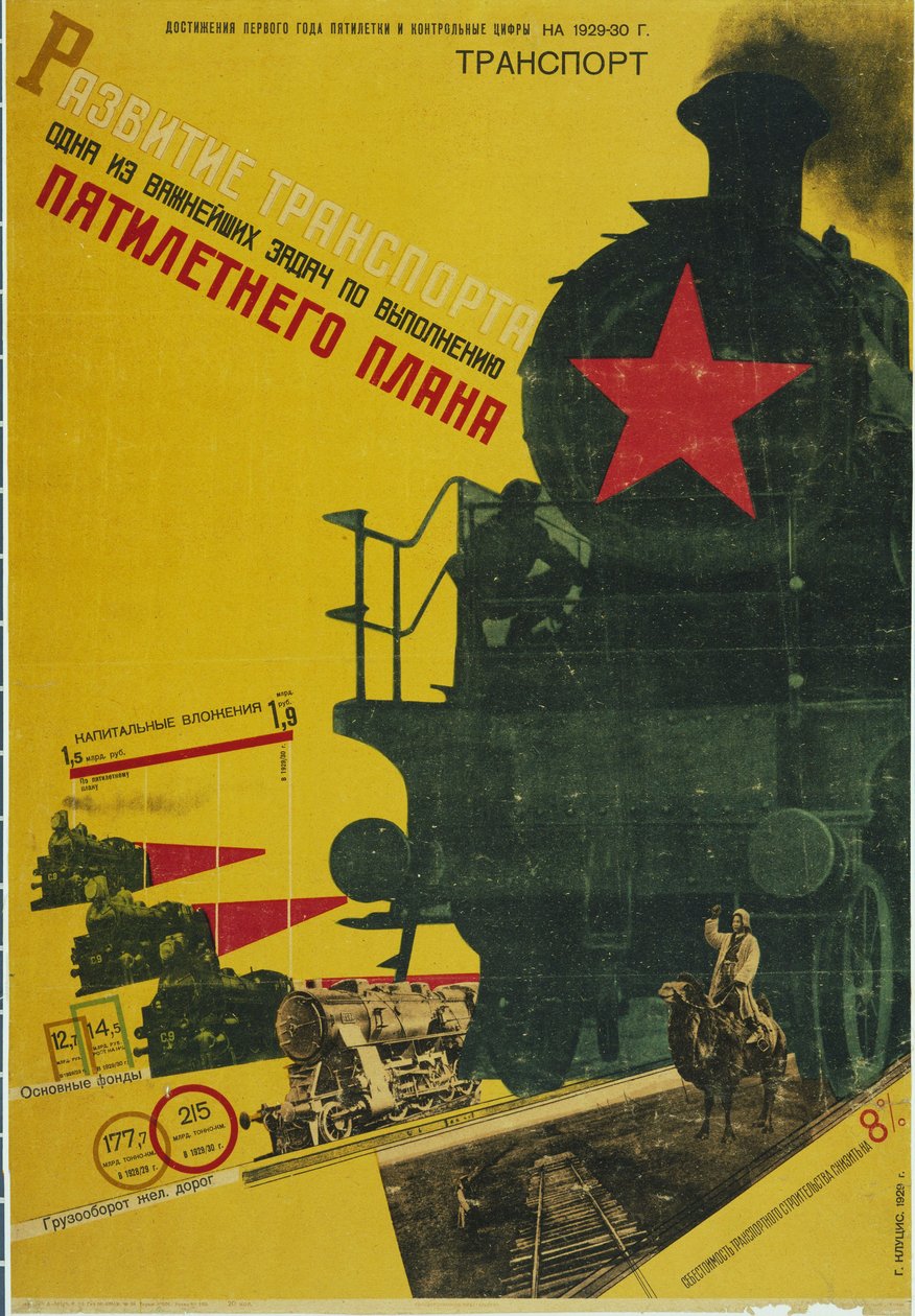 El desarrollo del transporte, cartel del Plan Quinquenal de Gustav Klutsis