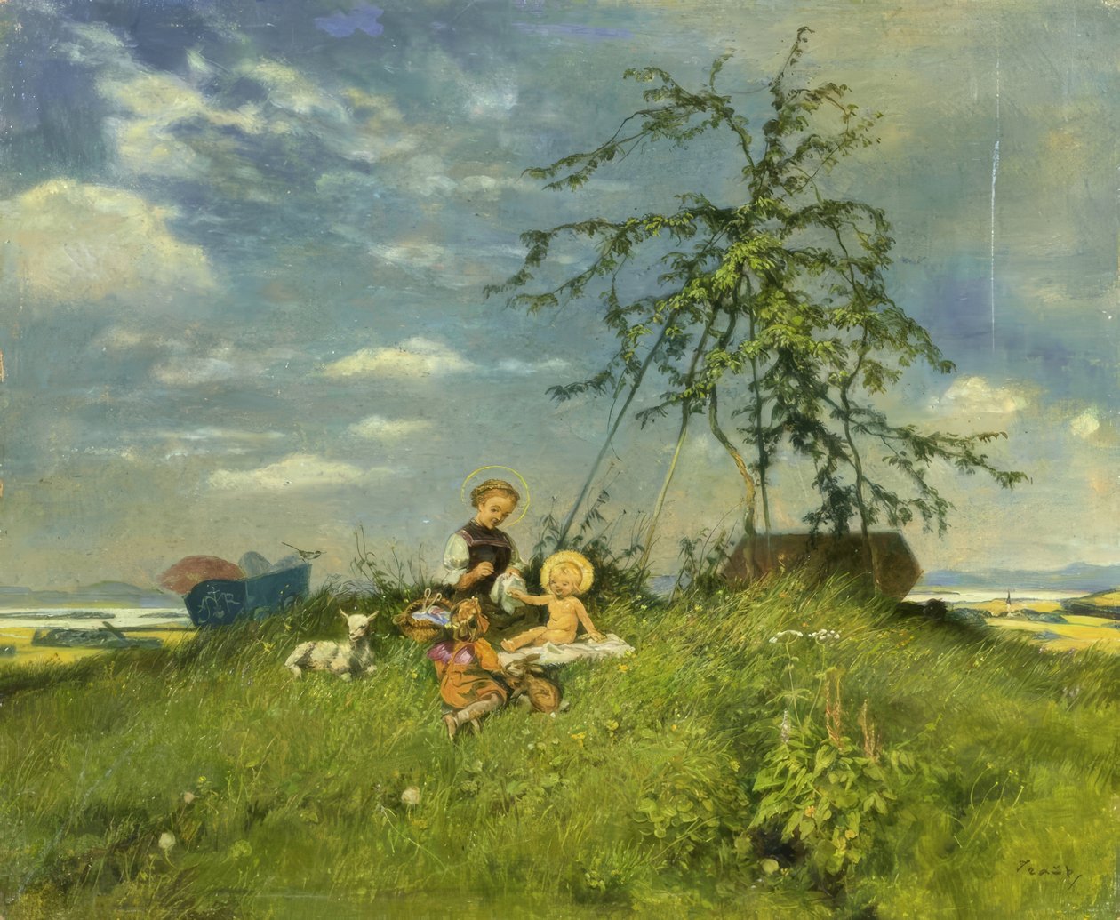 María con el Santo Niño en un prado en verano de Gustav Traub