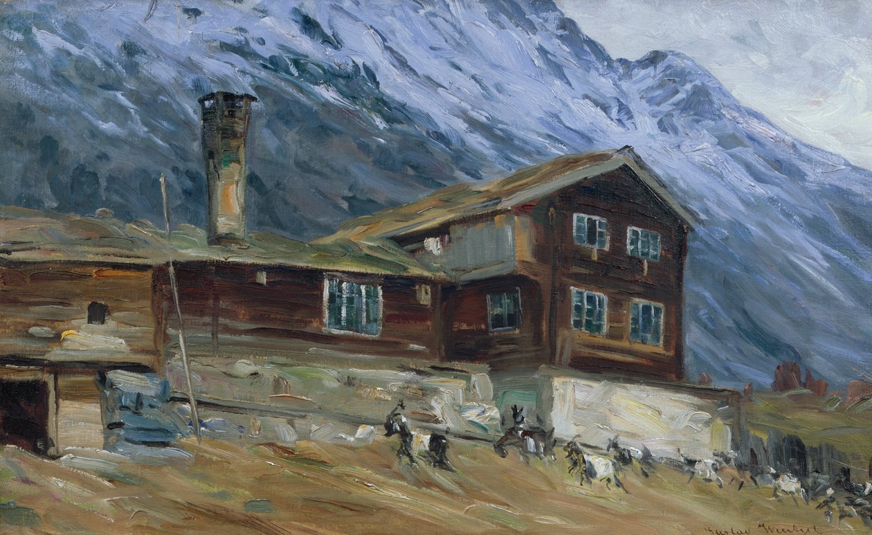 Granja de montaña en paisaje nevado de Gustav Wentzel