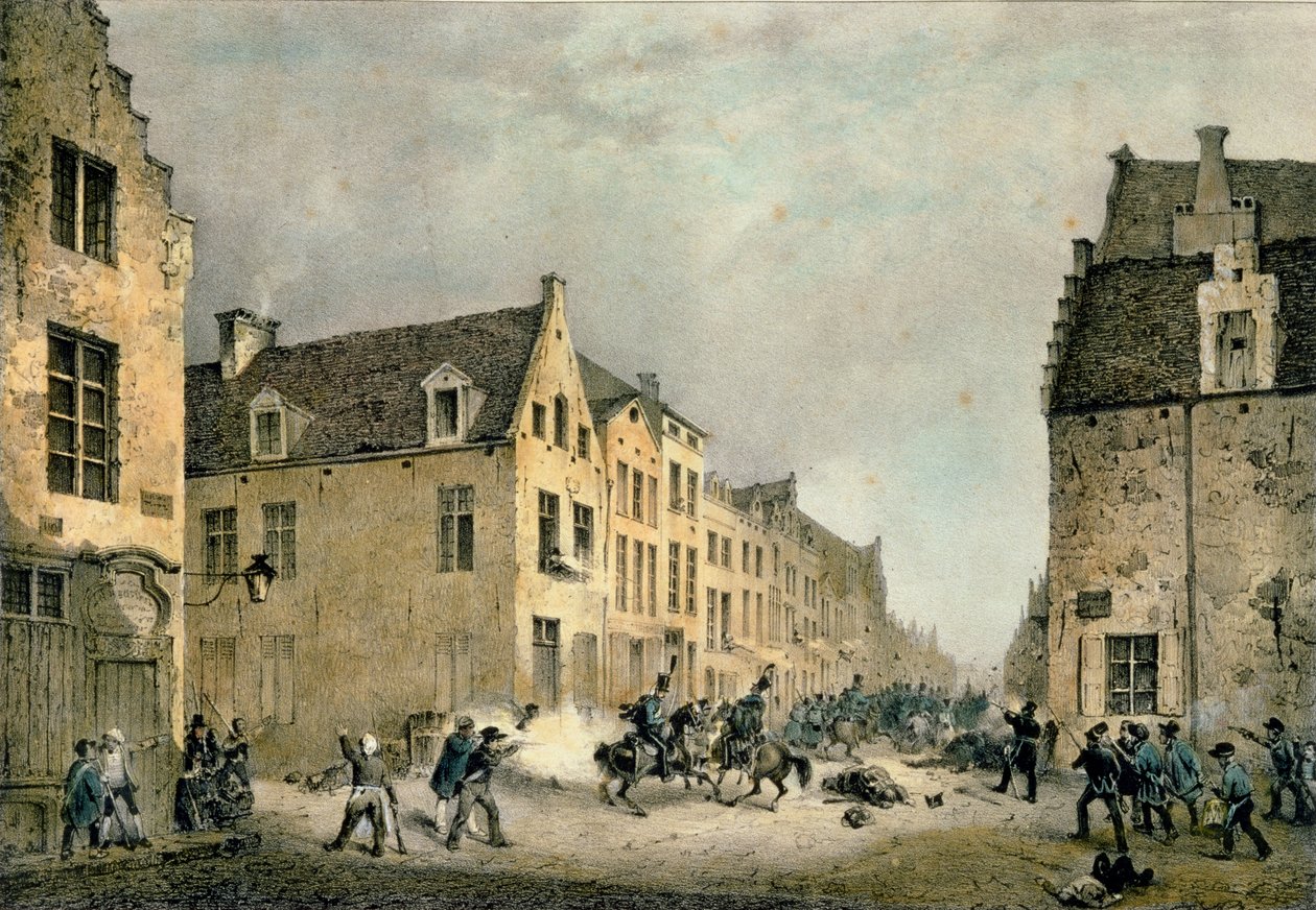 Diversión de una División Holandesa en la Porte de Flandre, Bruselas, 23 de septiembre de 1830, grabado por Jean Baptiste Madou (1796-1877) de Gustave Adolphe Simoneau