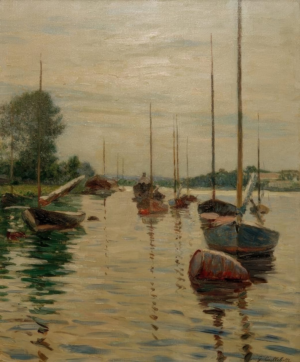 Barcos anclados en el Sena de Gustave Caillebotte