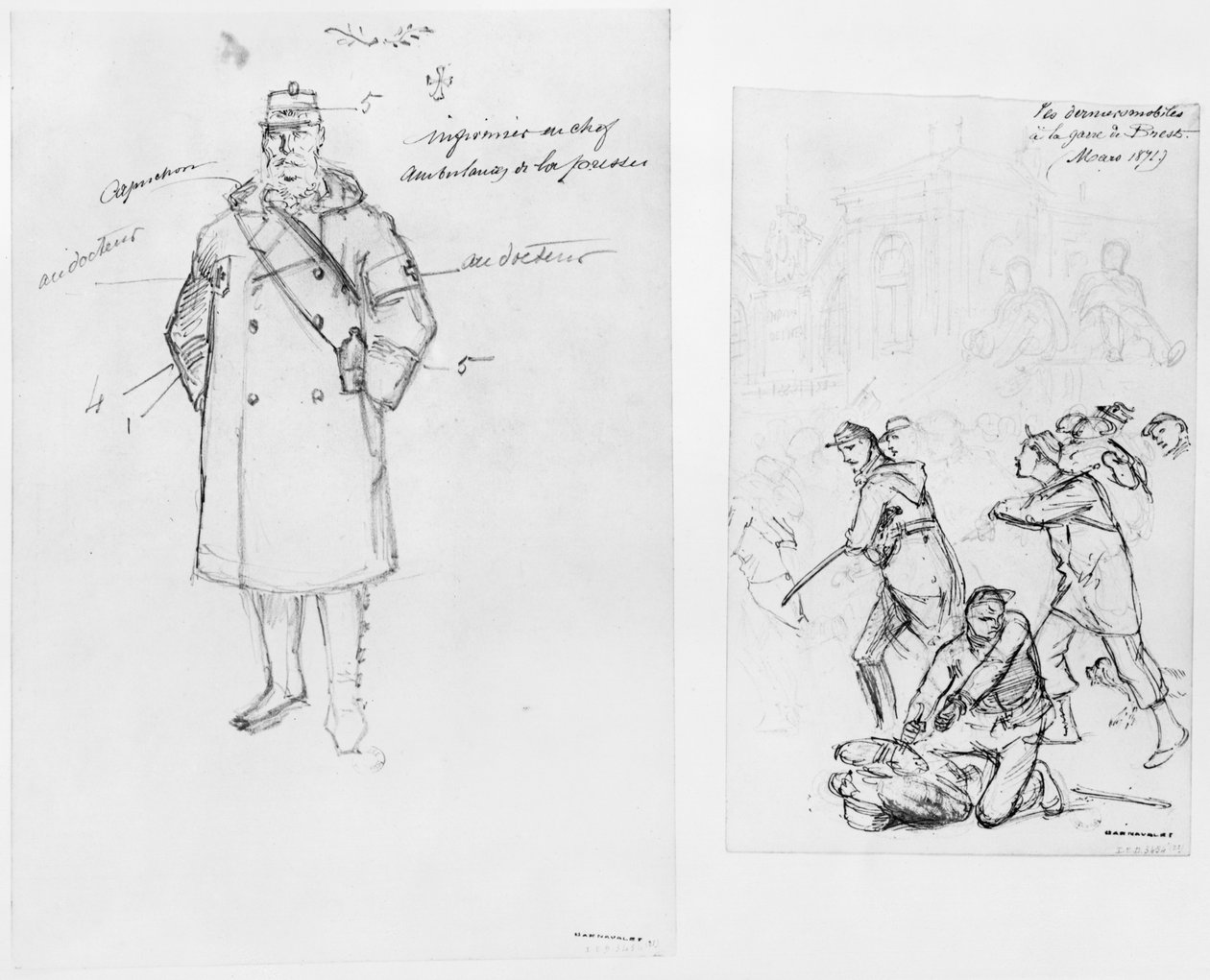 Álbum del sitio de París, hombre de ambulancia, las últimas tropas en la estación de Brest, 1871 de Gustave Dore