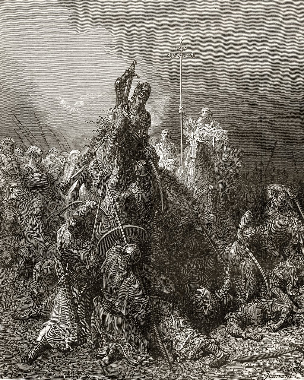 Caballeros cristianos luchan contra sarracenos, ilustración de 