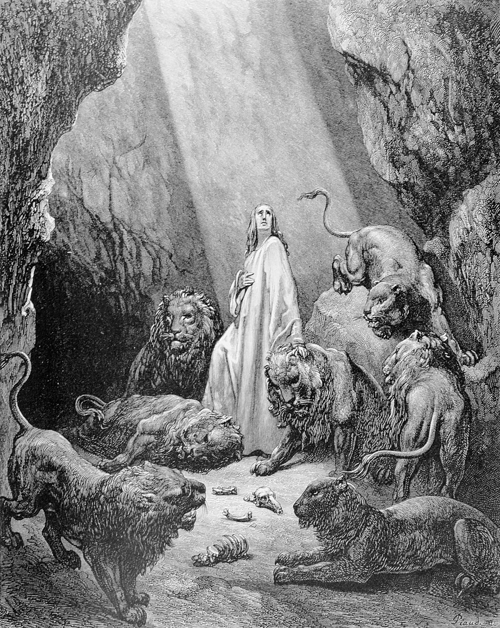 Daniel en el foso de los leones, grabado por Antoine Alphee Piaud, c.1868 de Gustave Dore