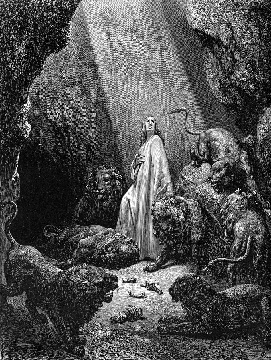 Daniel en el foso de los leones, grabado por Doré de Gustave Dore