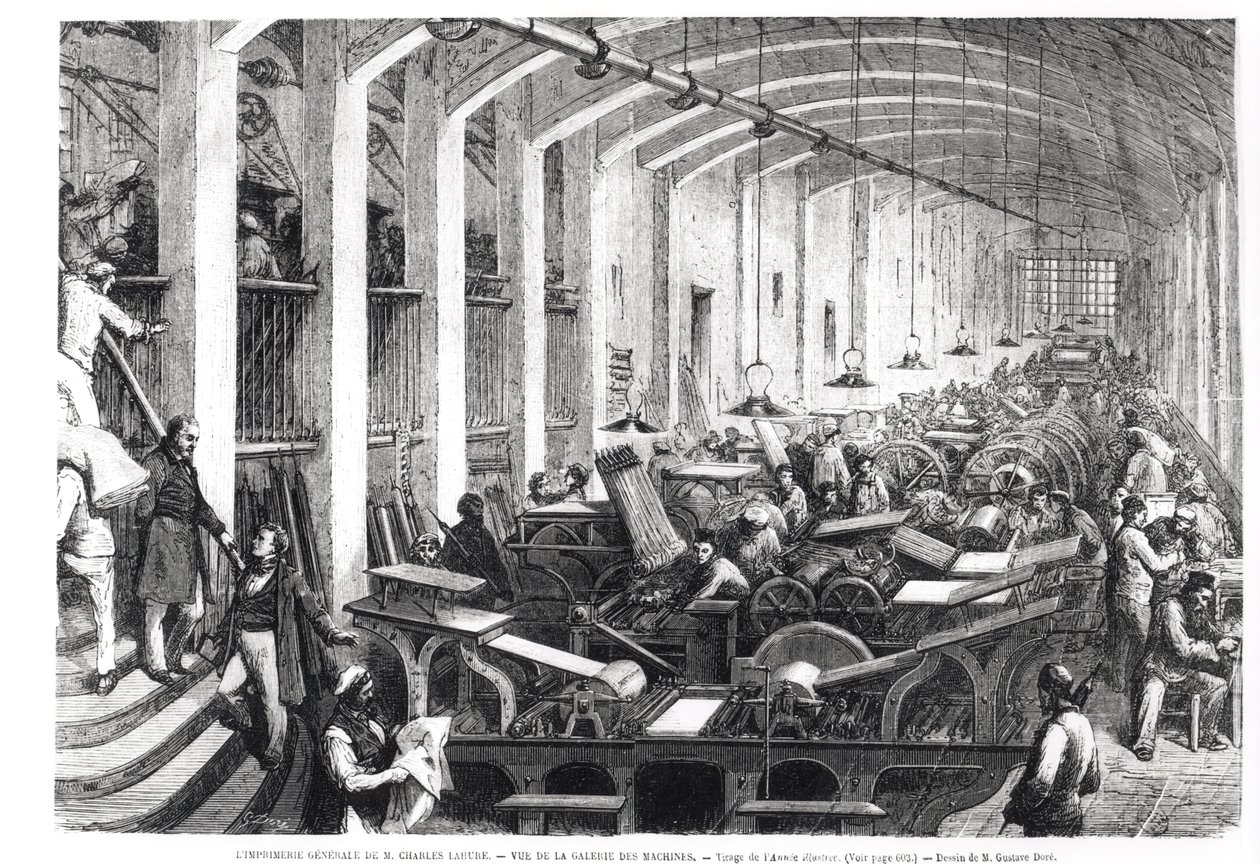 Obras de impresión general de Charles Lahure, vista de la galería de máquinas imprimiendo la revista 