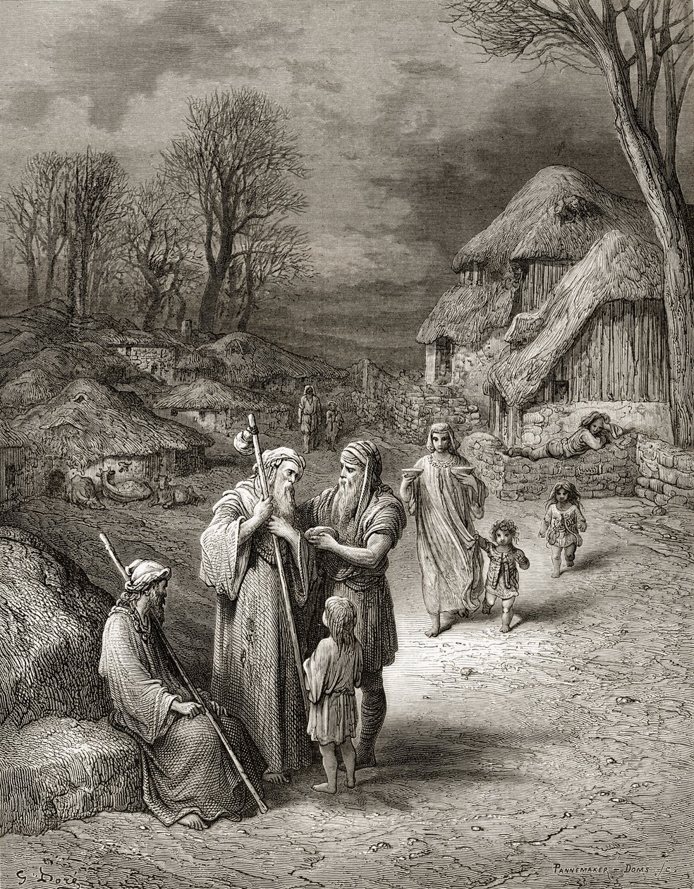 Peregrinos alimentados por campesinos, ilustración de 