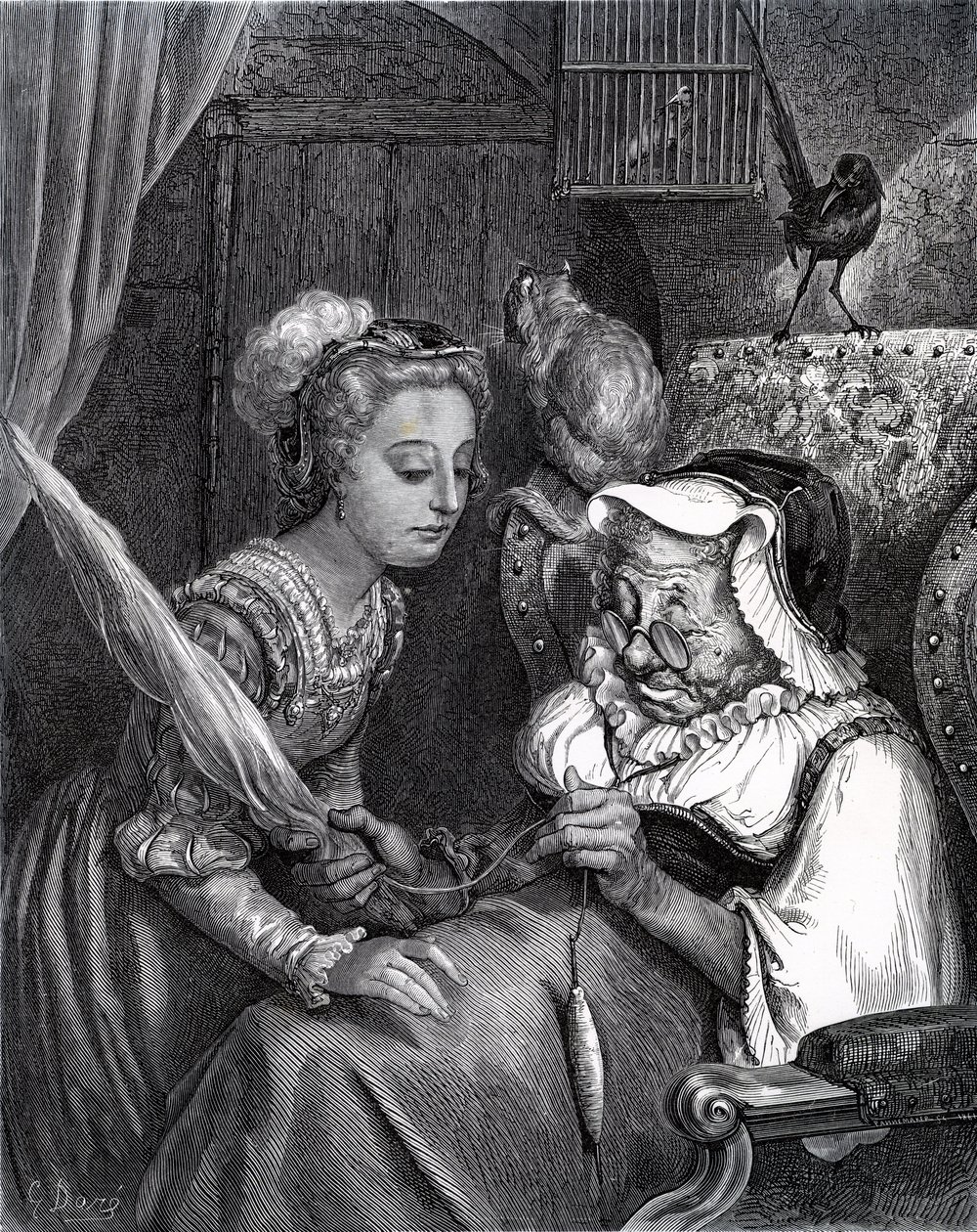 La Bella Durmiente: Princesa y Hada Malvada en la torre de Gustave Dore