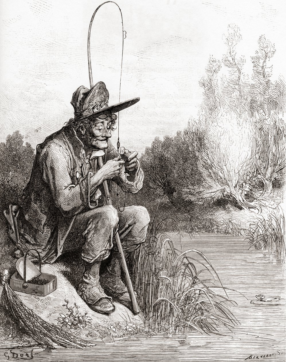 El Pescador y el Pez Pequeño, de una edición de finales del siglo XIX de Fábulas de La Fontaine de Gustave Dore