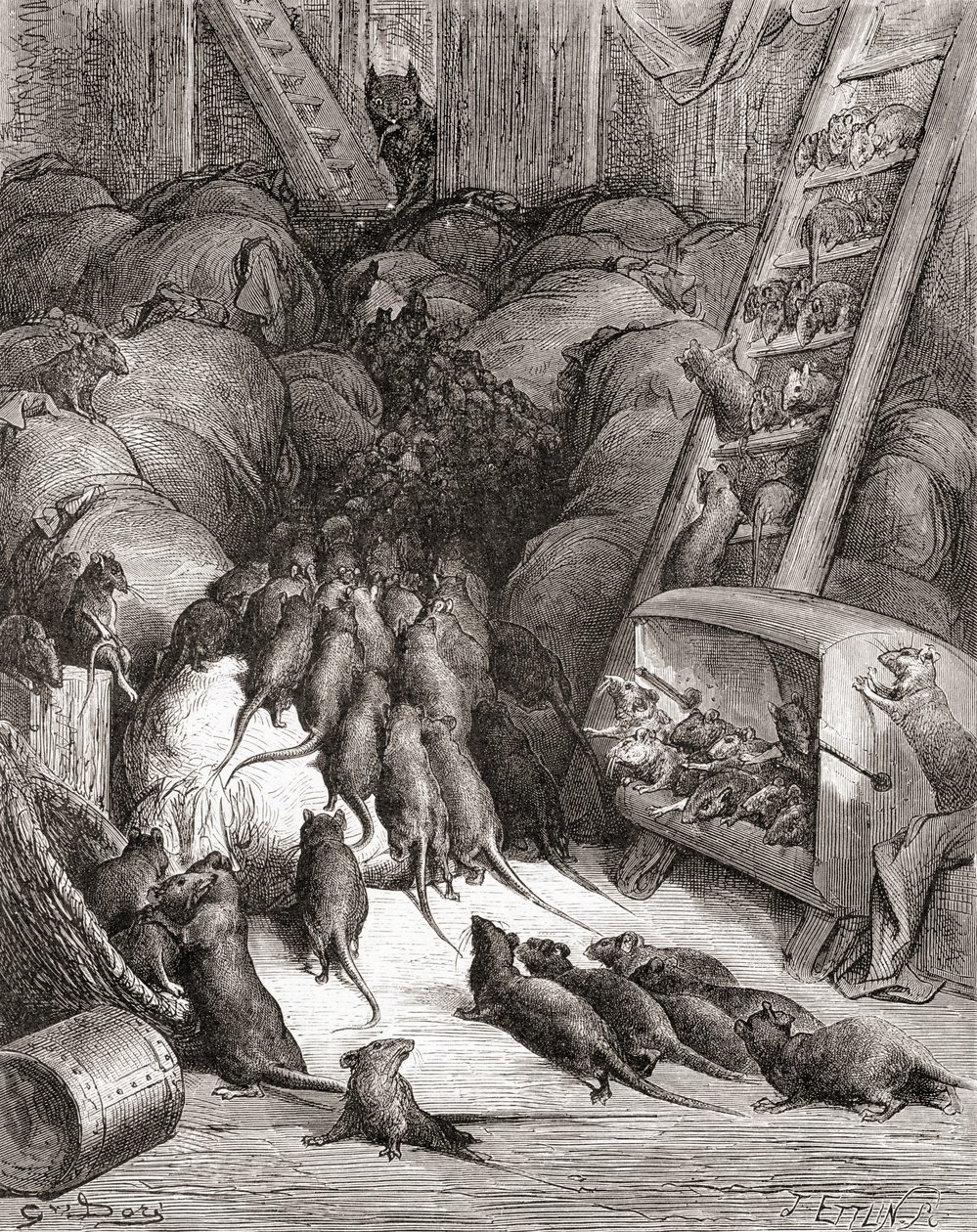 La Liga de las Ratas, de una edición de finales del siglo XIX de Fábulas de La Fontaine de Gustave Dore