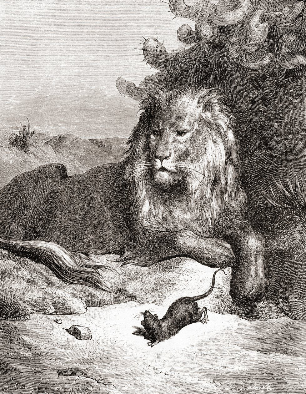 El León y el Ratón, de una edición de finales del siglo XIX de Fábulas de La Fontaine de Gustave Dore