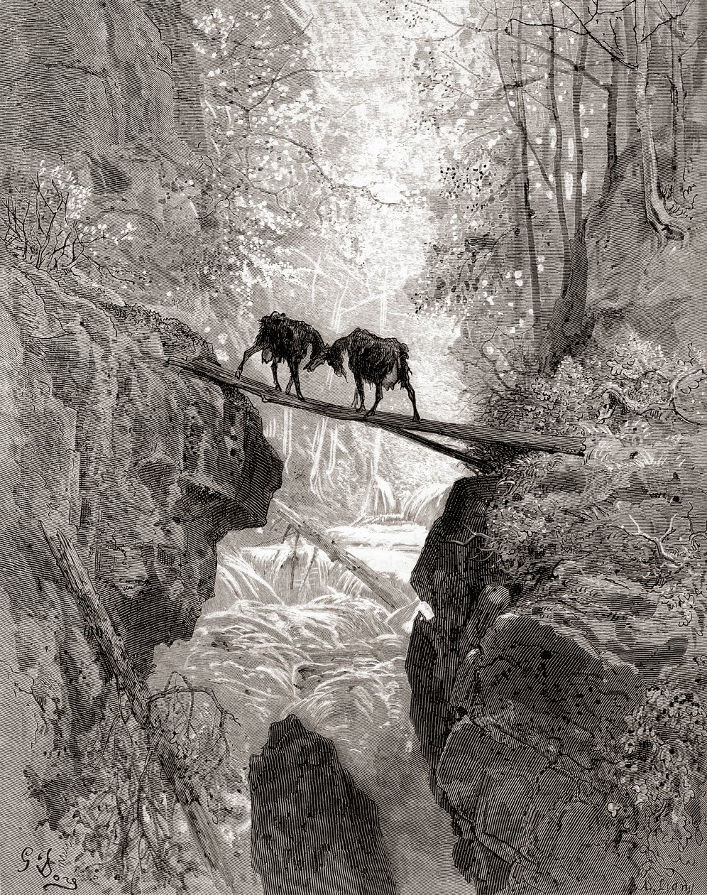 Los Dos Cabras, de una edición de finales del siglo XIX de Fábulas de La Fontaine de Gustave Dore