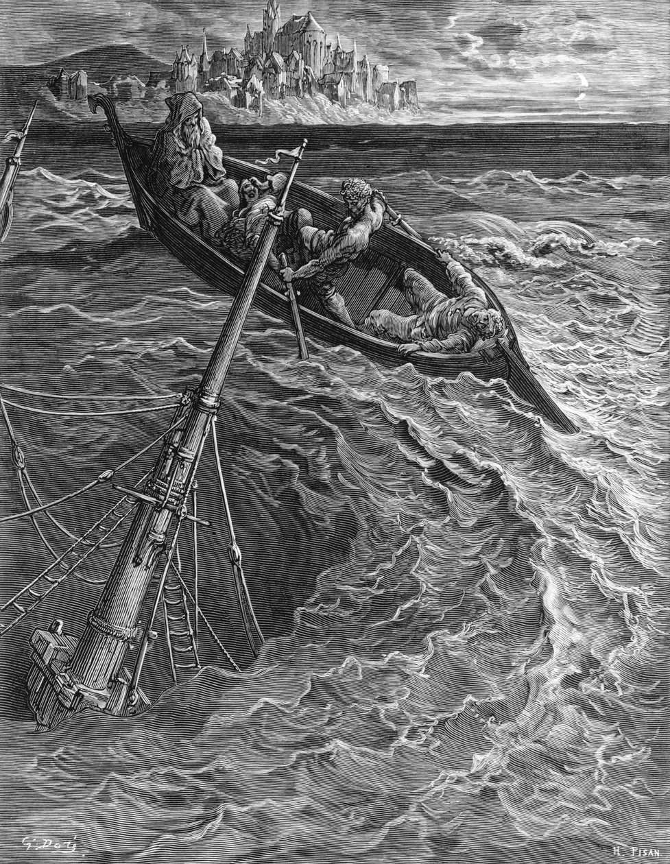 El barco se hunde pero el marinero es rescatado por el piloto y el ermitaño, escena de 
