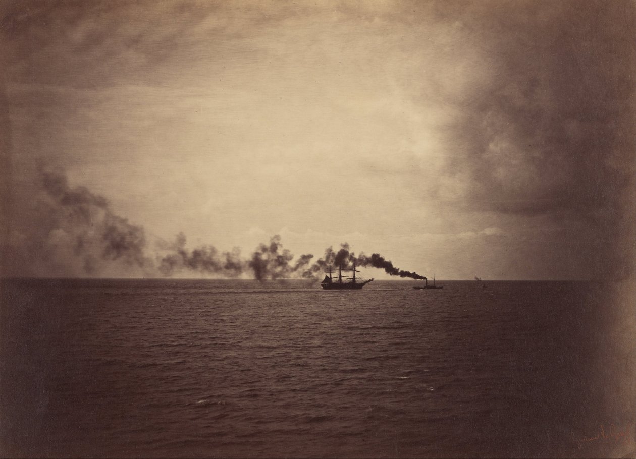 Marina con barco de vela y remolcador de Gustave Le Gray