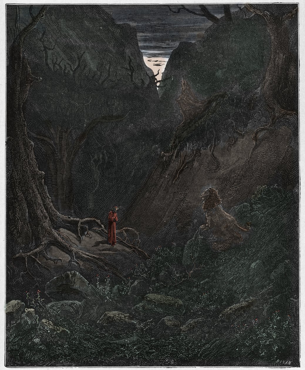 Infierno, Canto 1: El león confronta repentinamente a Dante, ilustración de La Divina Comedia de Dante Alighieri, 1885 de Gustave after Dore