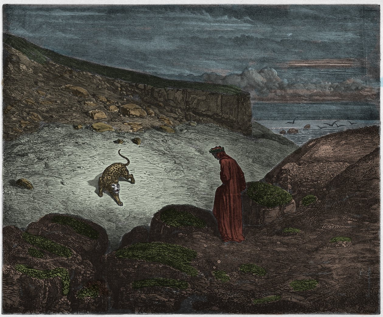 Infierno, Canto 1: La pantera al comienzo del ascenso, ilustración de La Divina Comedia de Dante Alighieri, 1885 de Gustave after Dore