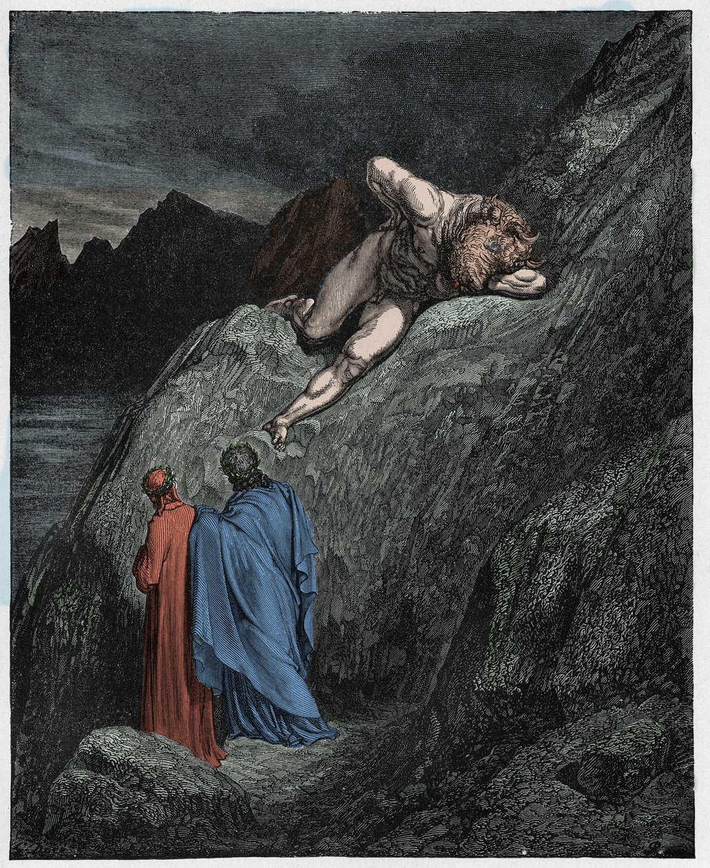 Inferno, Canto 12: El Minotauro en el acantilado destrozado, ilustración de La Divina Comedia de Dante Alighieri, 1885 de Gustave after Dore