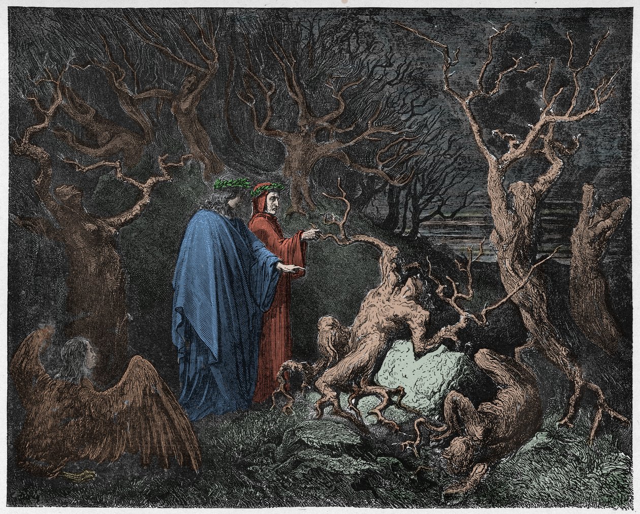 Inferno, Canto 13: Los suicidas en el bosque, ilustración de La Divina Comedia de Dante Alighieri, 1885 de Gustave after Dore