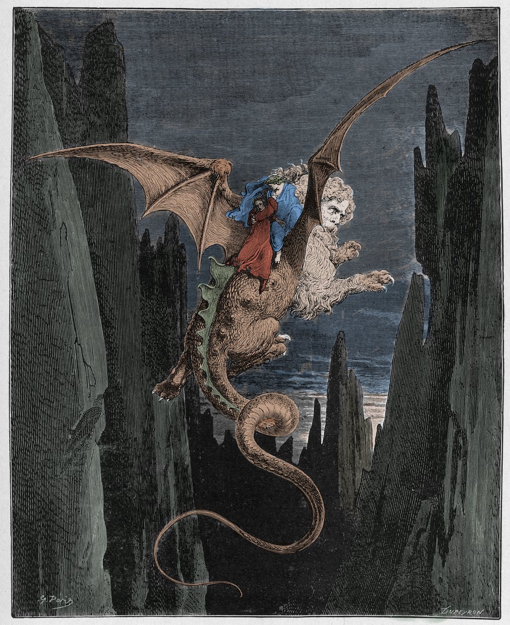 Inferno, Canto 17: El descenso al abismo en la espalda de Gerión, ilustración de La Divina Comedia de Dante Alighieri, 1885 de Gustave after Dore