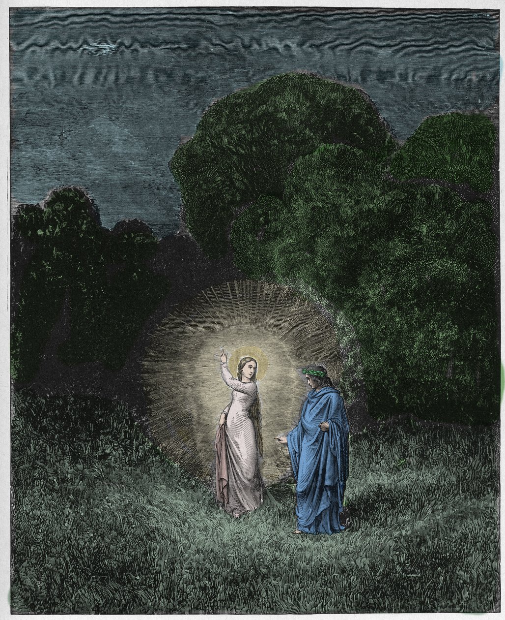 Inferno, Canto 2: Beatriz y Virgilio, ilustración de La Divina Comedia de Dante Alighieri, 1885 de Gustave after Dore