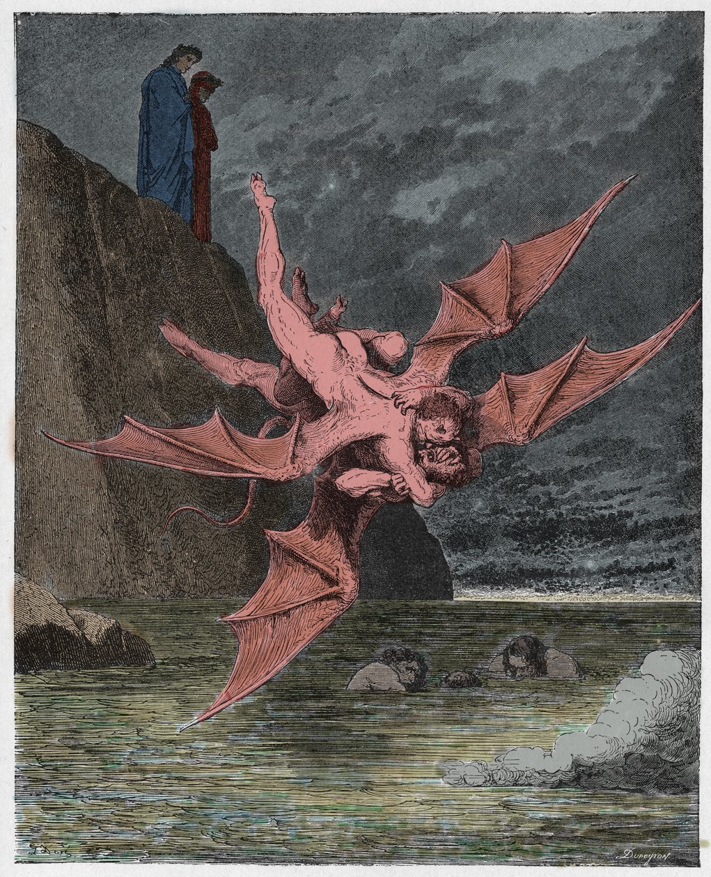 Inferno, Canto 22: Alichino y Calcabrina se enfrentan sobre el alquitrán, ilustración de La Divina Comedia de Dante Alighieri, 1885 de Gustave after Dore