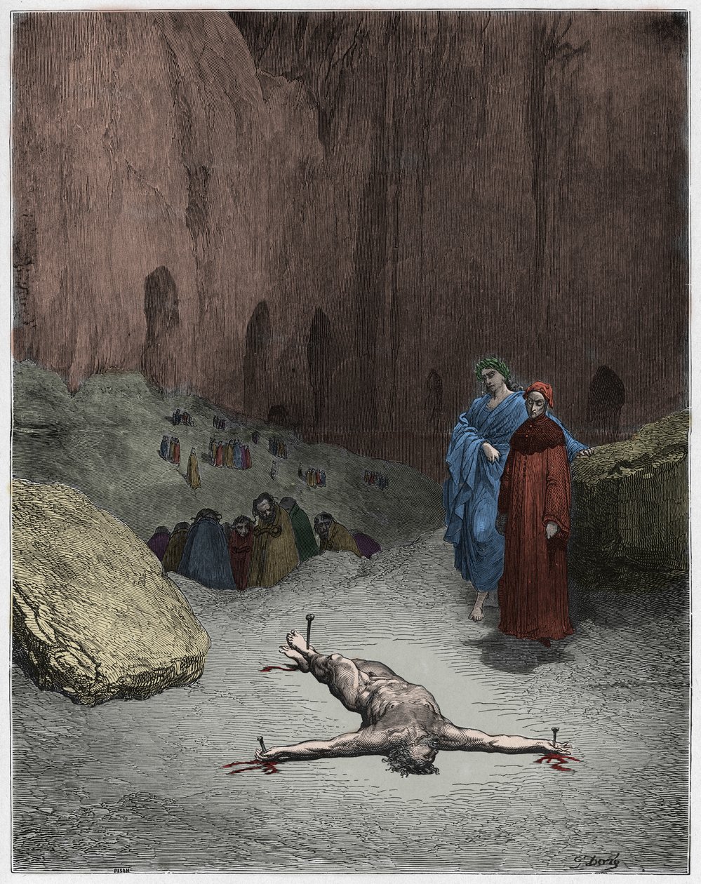 Inferno, Canto 23: Un fariseo crucificado entre los hipócritas, ilustración de La Divina Comedia de Dante Alighieri, 1885 de Gustave after Dore