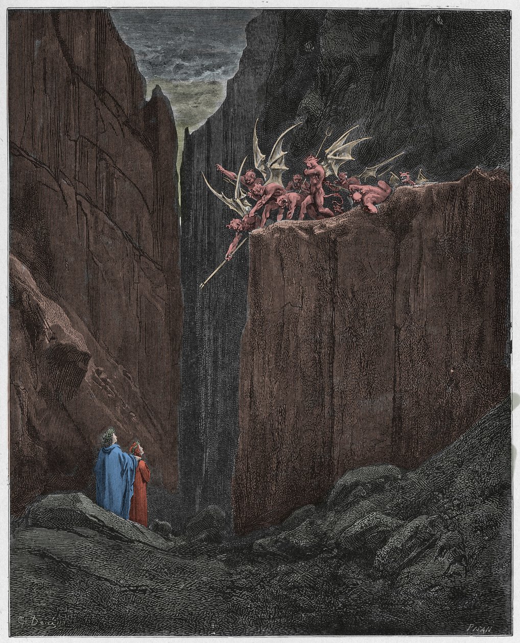 Inferno, Canto 23: Los poetas escapan de los demonios de la quinta bolgia, ilustración de La Divina Comedia de Dante Alighieri, 1885 de Gustave after Dore