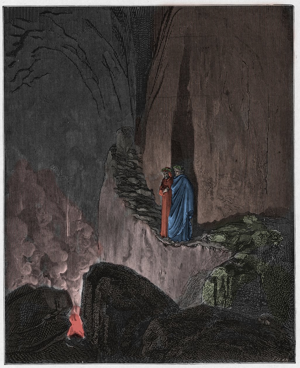 Inferno, Canto 26: Los espíritus flamígeros de Ulises y Diomedes, ilustración de La Divina Comedia de Dante Alighieri, 1885 de Gustave after Dore
