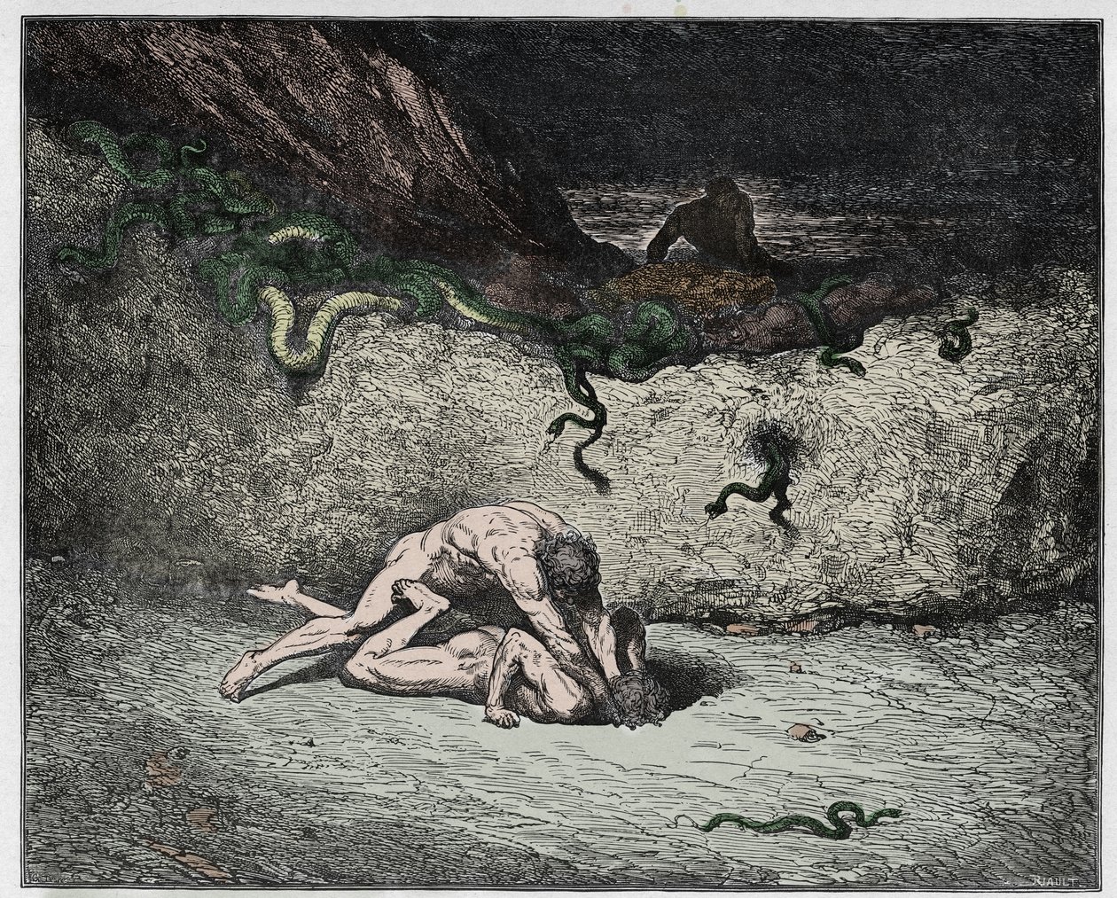Inferno, Canto 30: El tormento de los forjadores en la novena bolgia, ilustración de La Divina Comedia de Dante Alighieri, 1885 de Gustave after Dore