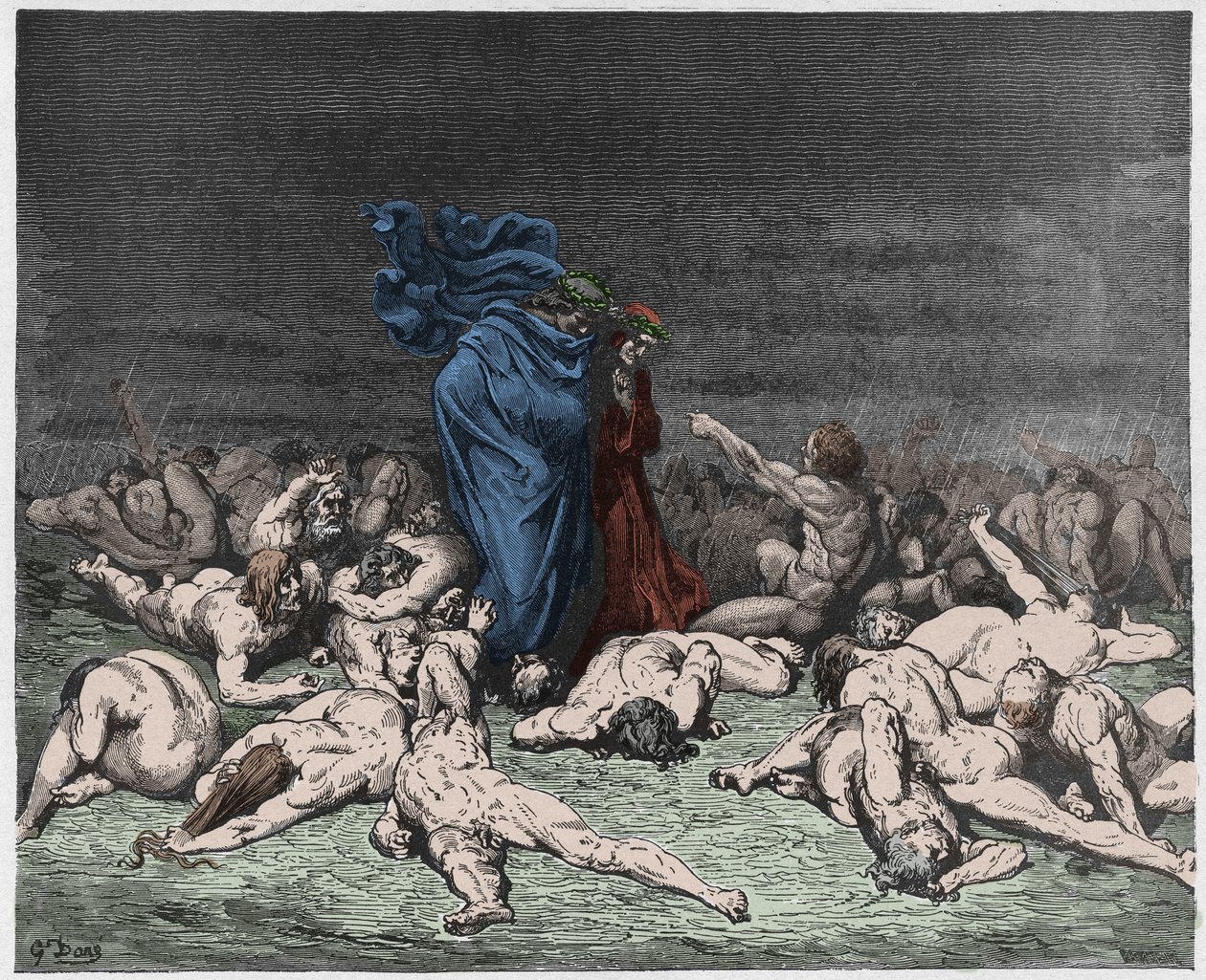 Infierno, Canto 6: Los glotones golpeados por la lluvia eterna, ilustración de La Divina Comedia de Dante Alighieri, 1885 de Gustave after Dore