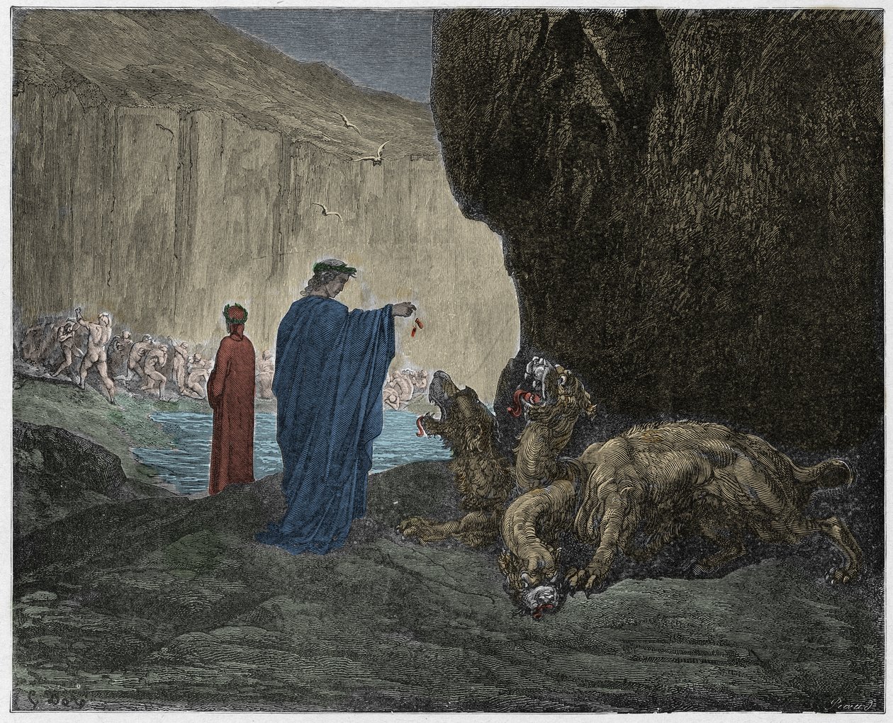 Infierno, Canto 6: Virgilio alimenta a Cerbero en el tercer círculo, ilustración de La Divina Comedia de Dante Alighieri, 1885 de Gustave after Dore