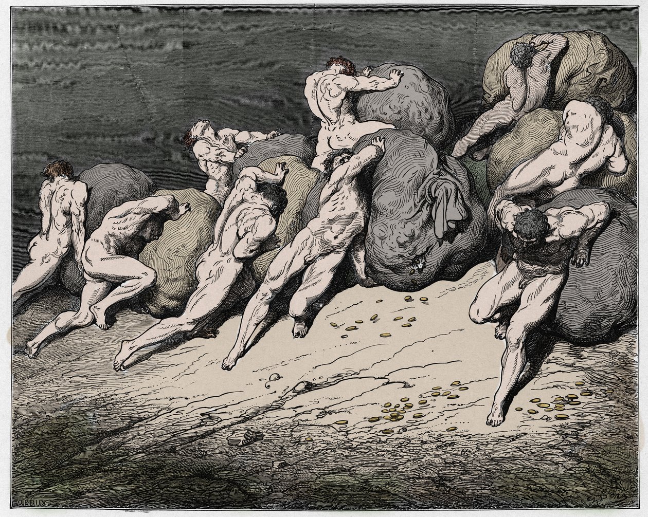 Infierno, Canto 7: Las almas de los avaros y los pródigos obligados a rodar piedras pesadas, ilustración de La Divina Comedia de Dante Alighieri, 1885 de Gustave after Dore
