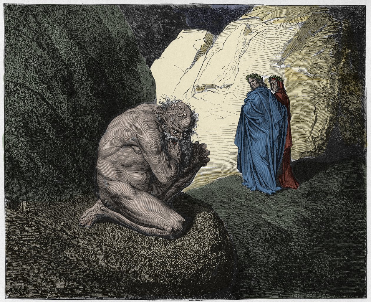 Infierno, Canto 7: Virgilio reprende a Plutón en la entrada del cuarto círculo, ilustración de La Divina Comedia de Dante Alighieri, 1885 de Gustave after Dore