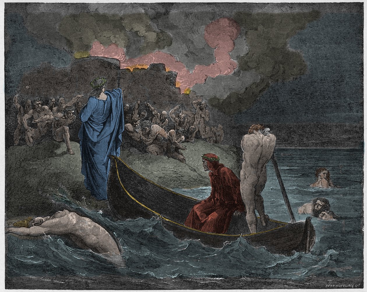 Inferno, Canto 8: Virgilio y Dante desembarcan en la ciudadela de Dis, ilustración de La Divina Comedia de Dante Alighieri, 1885 de Gustave after Dore