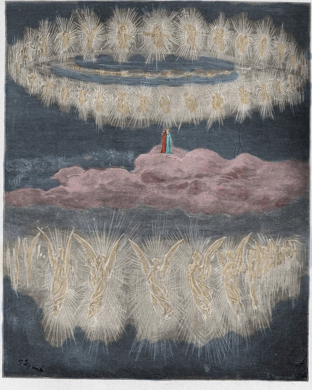 Paraíso, Canto 12: Los anillos de almas glorificadas en el sol, ilustración de La Divina Comedia de Dante Alighieri, 1885 (grabado coloreado digitalmente) de Gustave after Dore